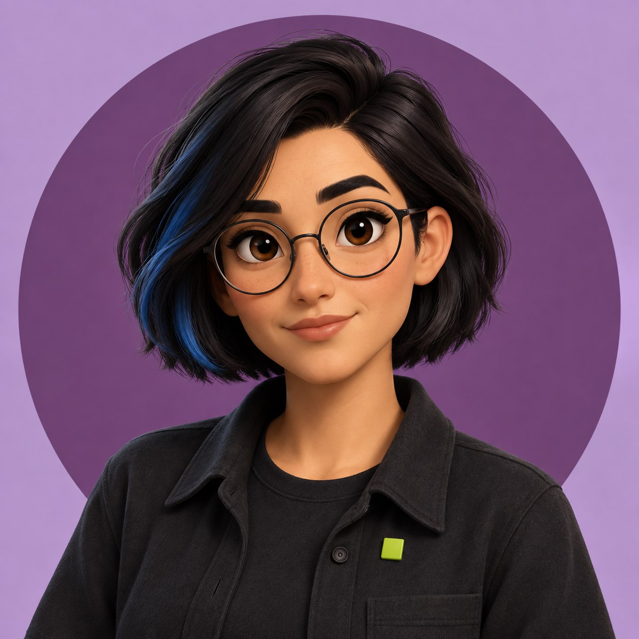Kit, an illustrated character with glasses on a purple ground
