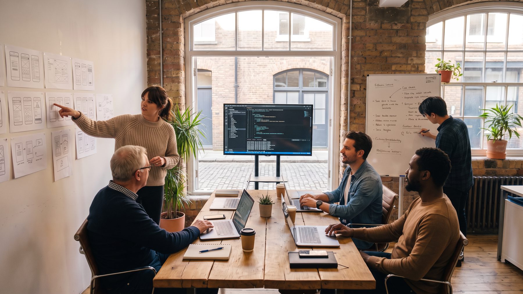 A small team of designers and developers in a bright brick studio: one pointing at wireframes pinned to the wall, code on a large screen, the rest at a long oak table with laptops