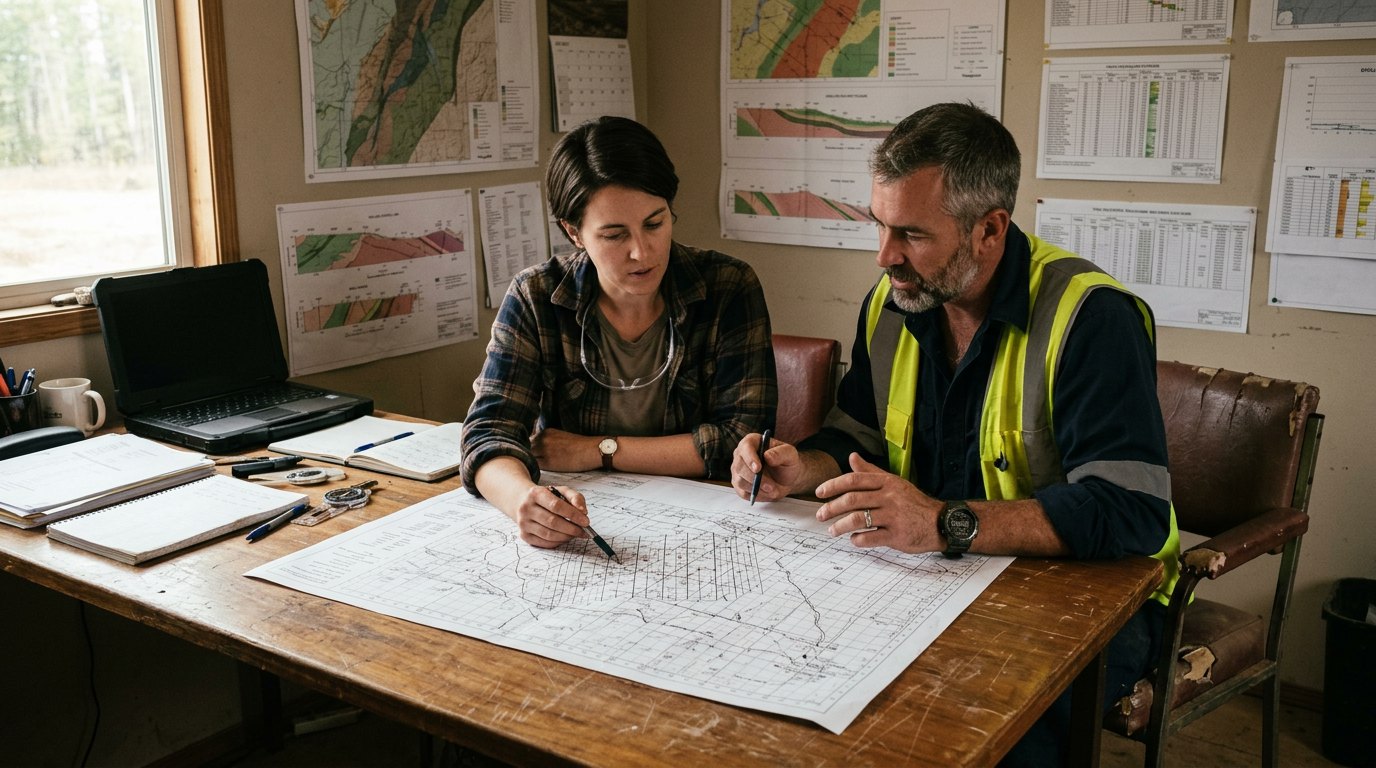 Two colleagues reviewing a printed plan together at a desk in a site office.