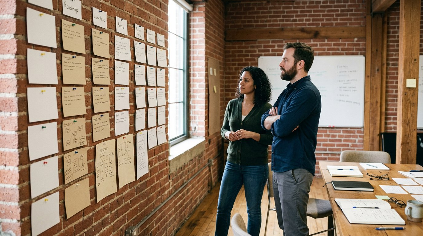 Two people standing in front of a brick wall covered in research notes during a discovery workshop