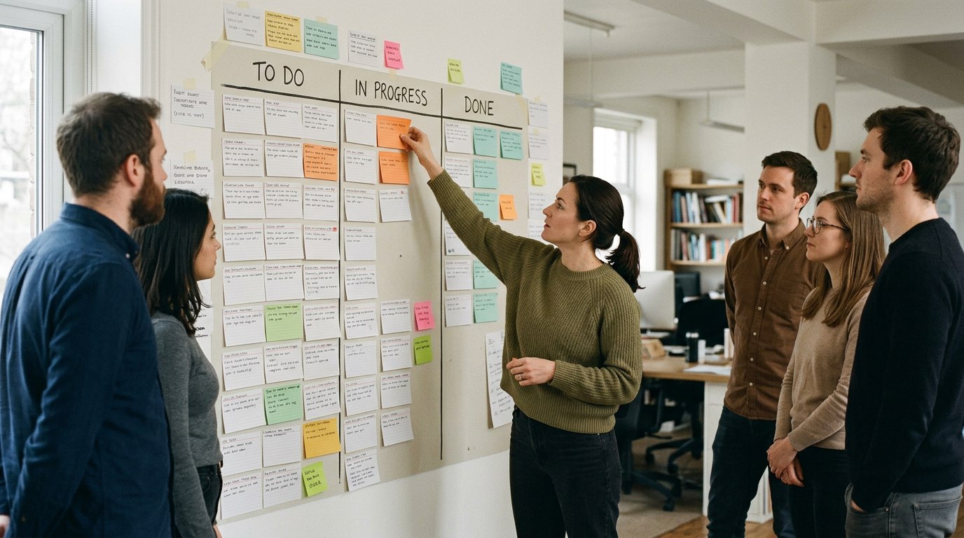 A product team standing at a wall of sticky notes during a planning session.