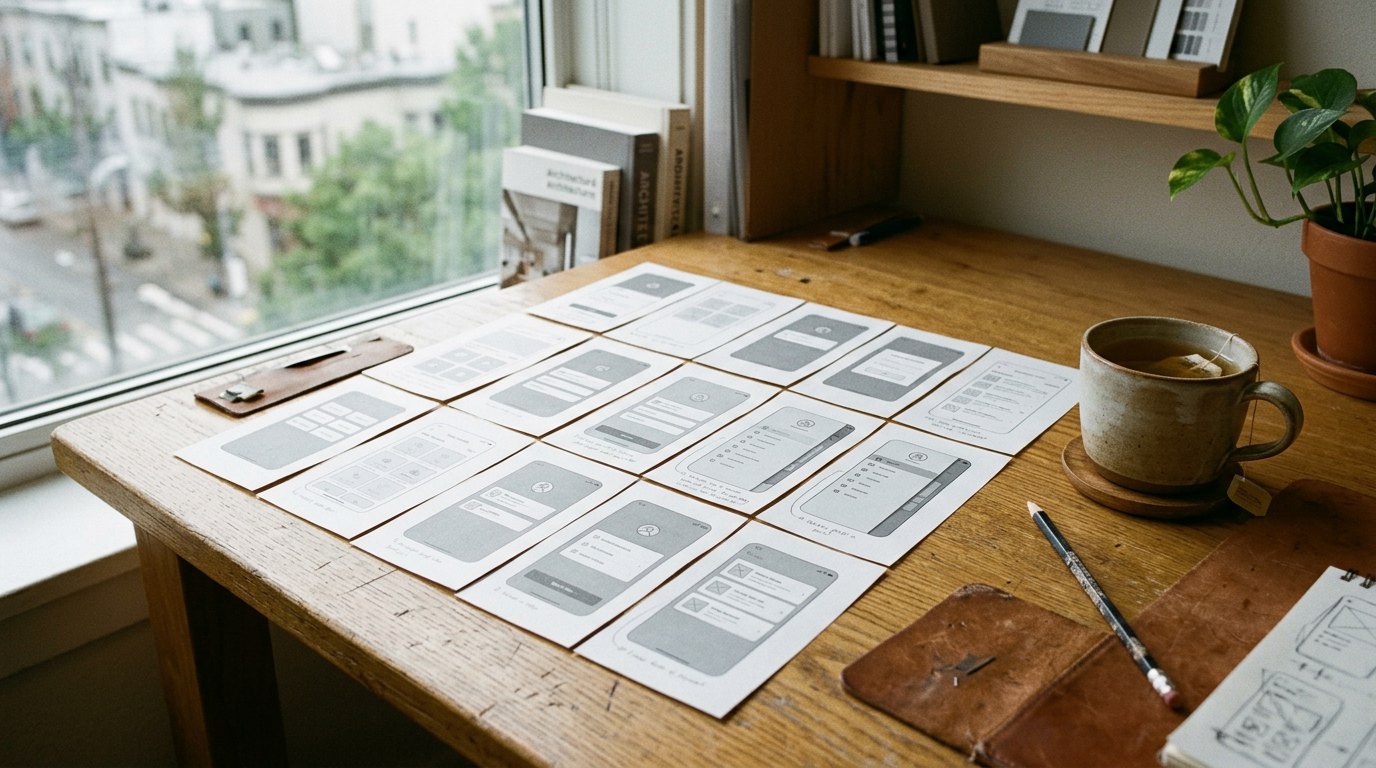 Paper wireframe sketches of phone screens laid out on a wooden desk beside a cup of tea and a pencil