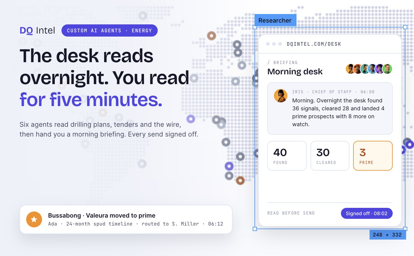DQ Intel morning desk: a briefing card with six agents, an overnight handoff and prospect counts over a world map of signals