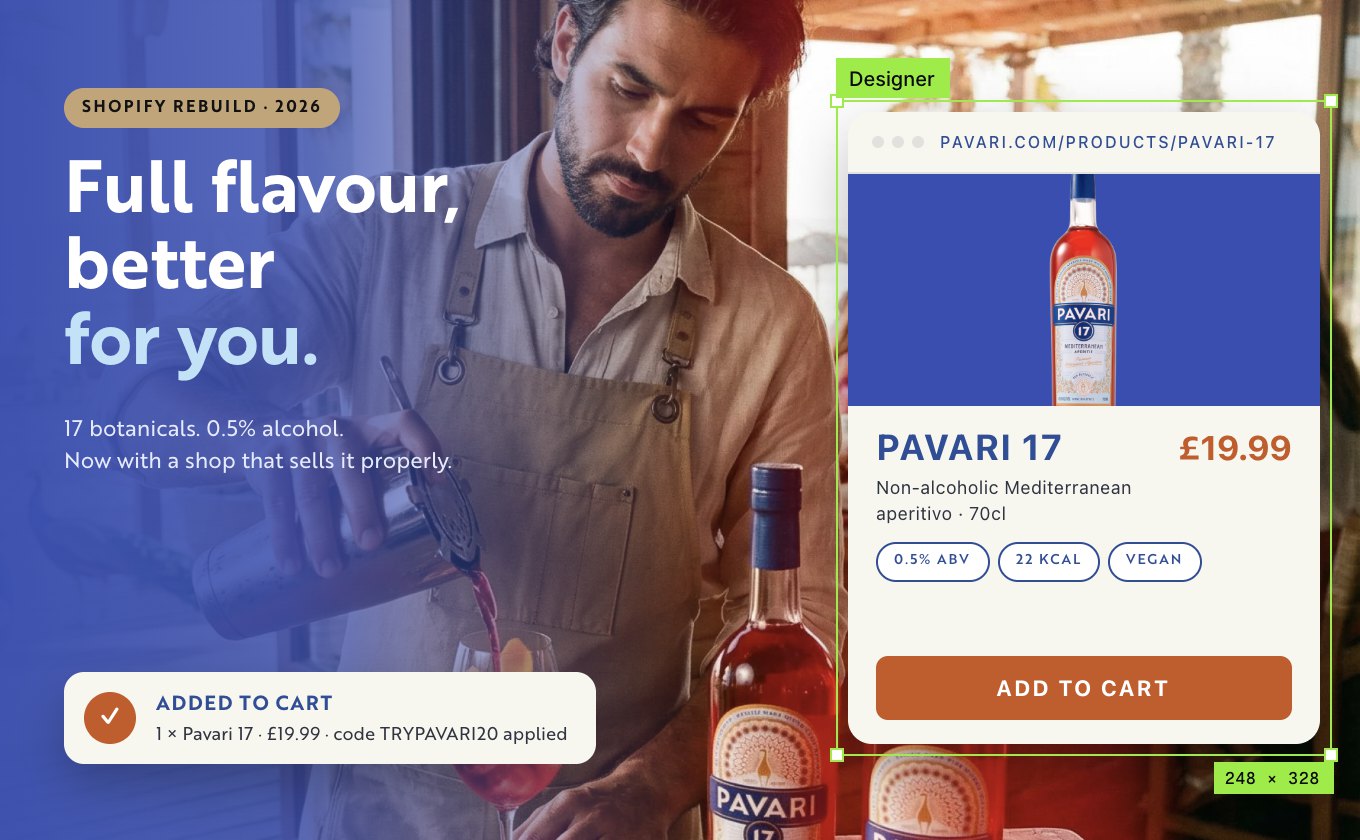 Pavari 17 product page over a beach-bar photo: the bottle, price, add to cart and an added-to-cart toast