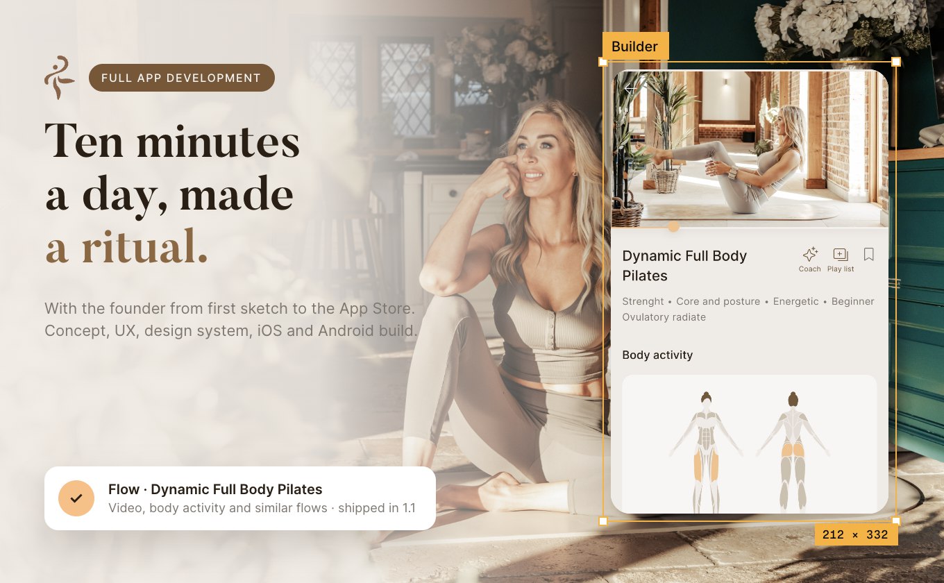 A Rituals flow screen from the Phaia app, Dynamic Full Body Pilates with body activity, over a photo of a woman in morning light